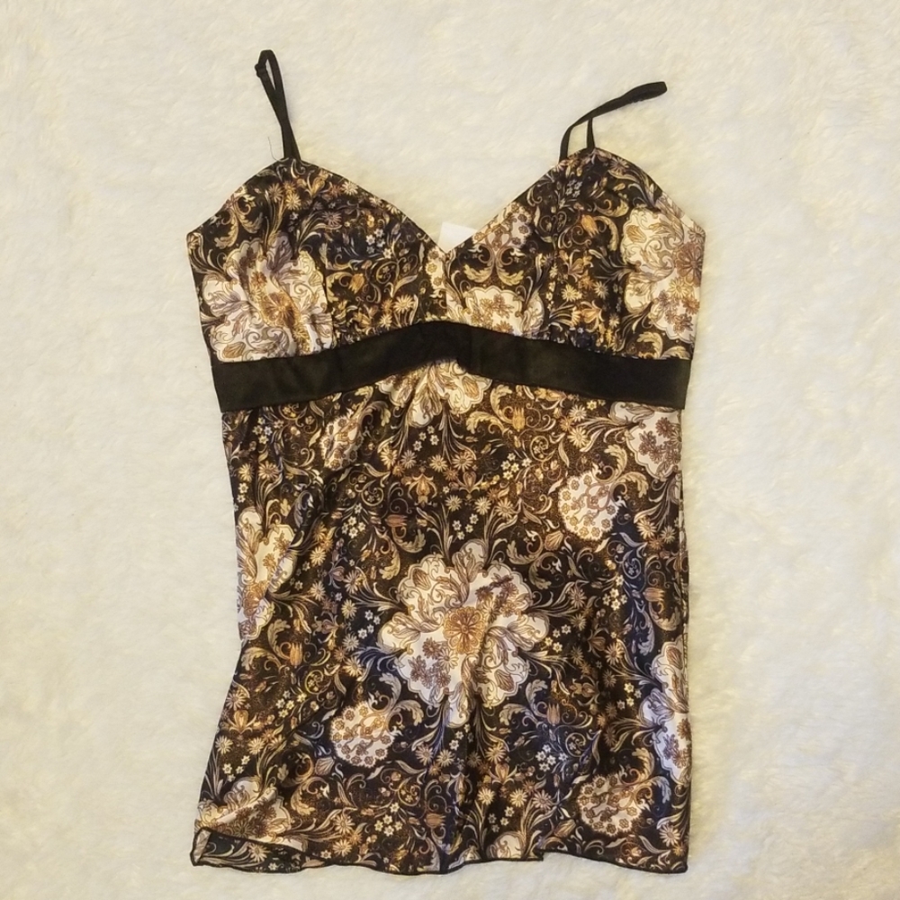 Y2K Gold & black floral satin camisole top